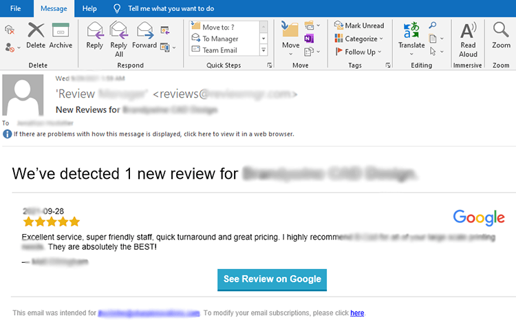 screenshot of email notification when a new review is posted online
