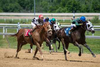 a horse race on a dirt track