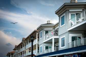 beach condos with a seagull flying overhead