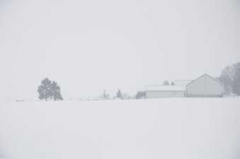 a farm in winter with low visibility