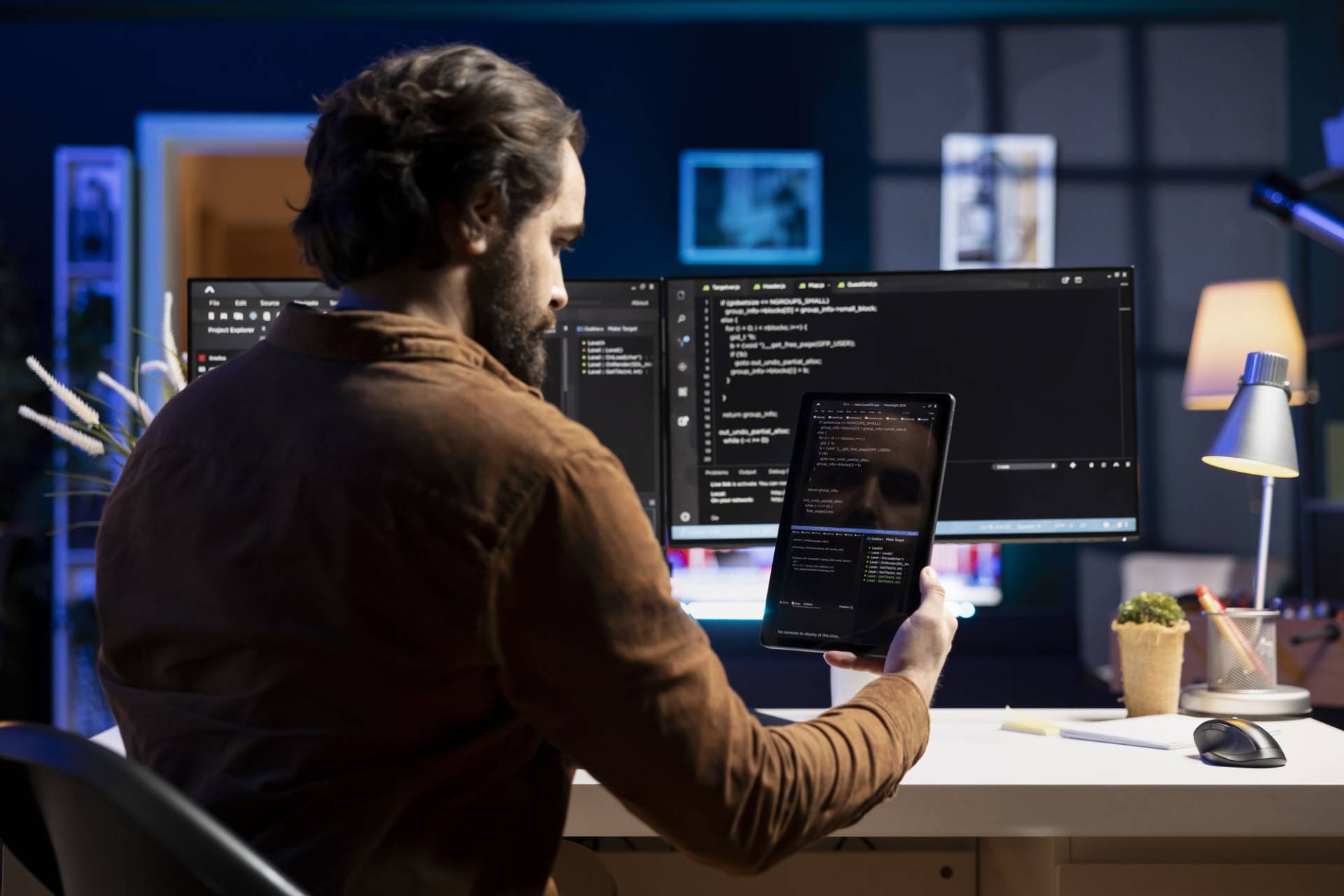 Developer workspace with code editor for iOS and Android app development