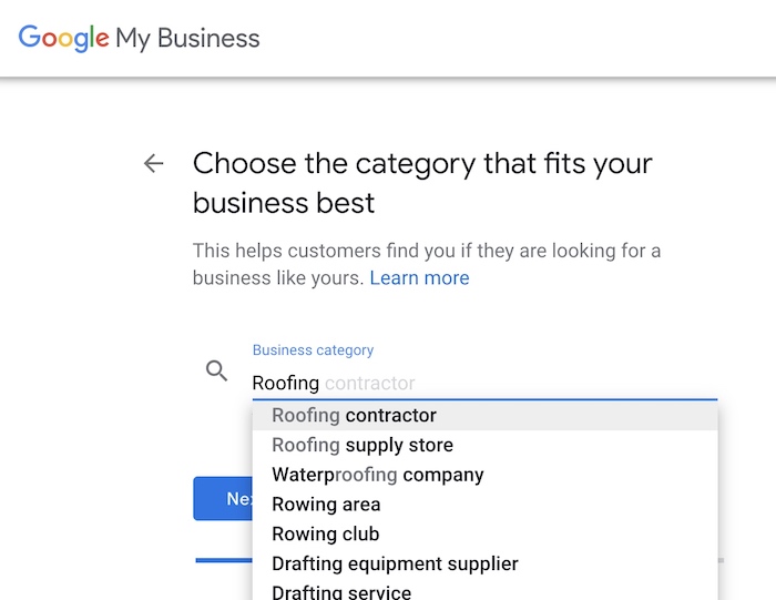 GMB setup - choose your business category