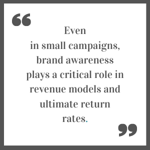 quote that reads "even in small campaigns, brand awareness plays a critical role in revenue models and ultimate return rates"