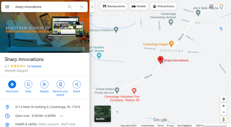 Sharp Innovations' business listing shows up in Google Maps