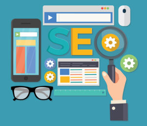 illustration of a phone, search box, magnifying glass and the words SEO