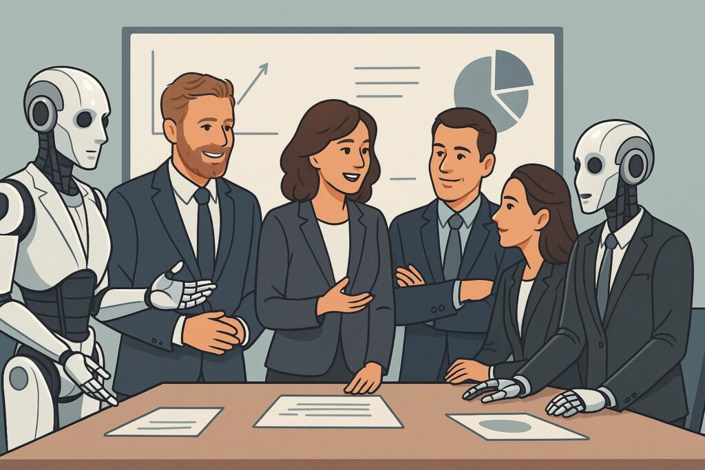 image to depict AI and human working together in business meeting
