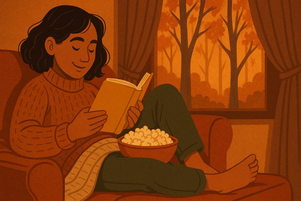 lady on couch reading book with popcorn