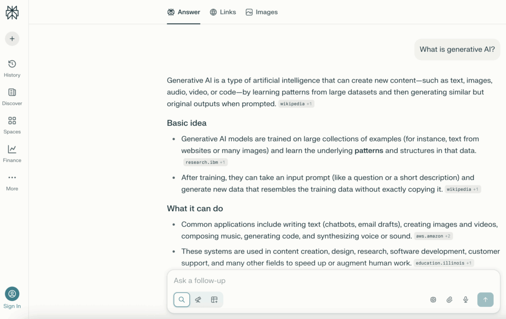 Example of AI search using Perplexity