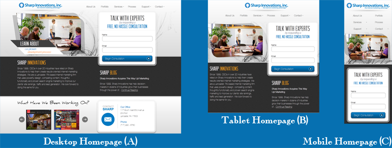 What a mobile, tablet, and desktop user may see the Sharp responsive website as.