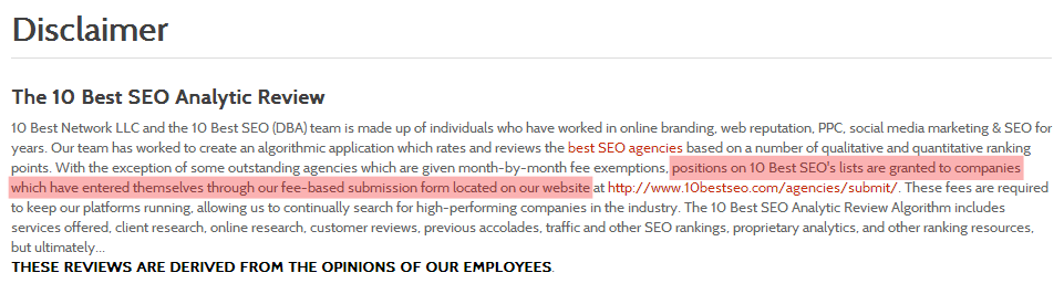 SEO Top 10 disclaimer